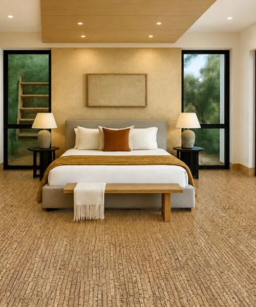 Sisal cork flooring in a cozy bedroom with light wood cabinetry, warm neutral bedding, and large windows bringing in natural light