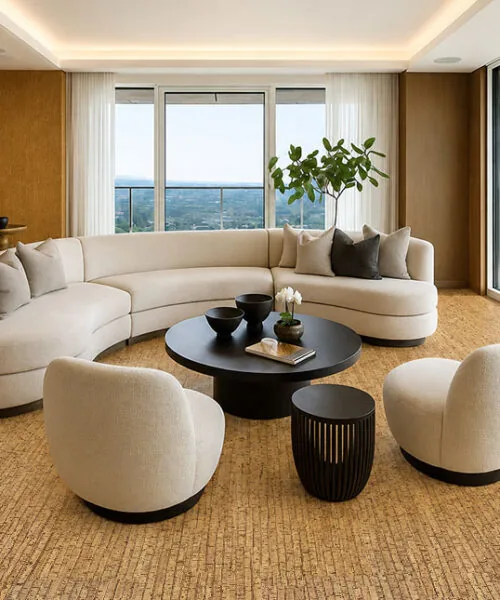 Sisal cork flooring in a minimalist living room with white modern furniture, wood accent wall panels, and large sliding glass doors