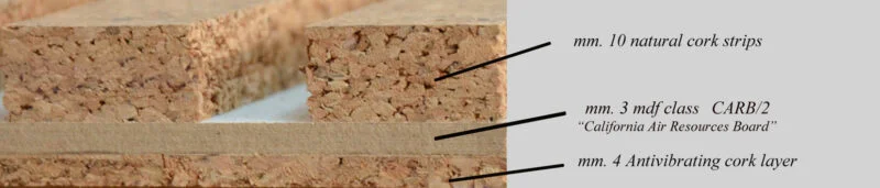 Cross-section of the Slat Dark Natural panel showing cork slats over an MDF core with a cork backing layer