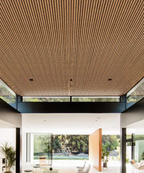 slat dark natural cork echo reducer ceiling large room panels
