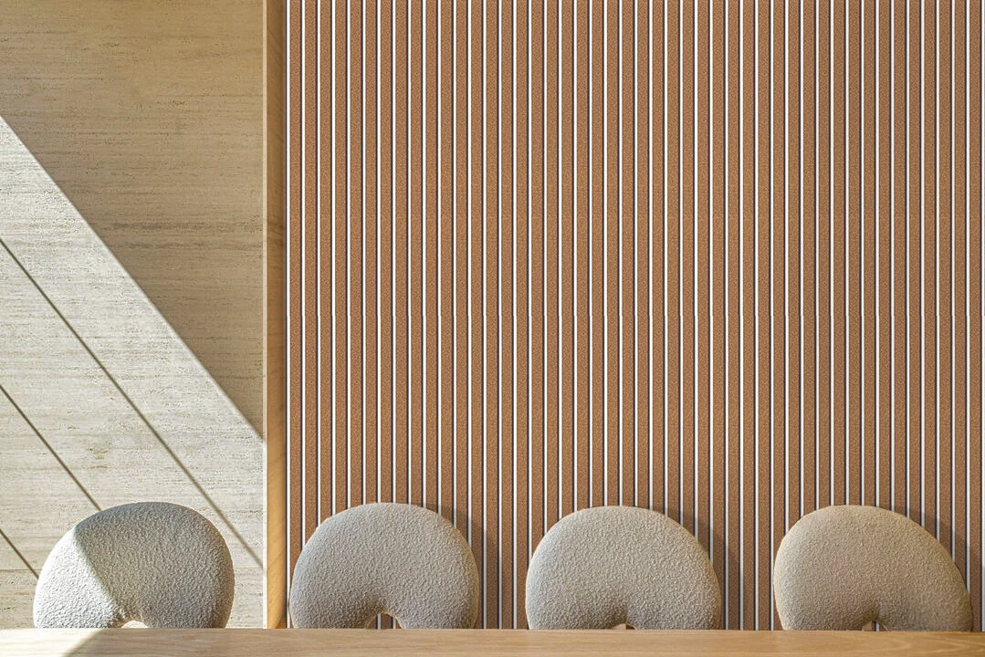 Slat White Natural 43/64_ (17mm) 3D Acoustic Cork Wall Panels (WSWN17) Slat White Natural - 43/64" (17mm) - 3D Acoustic Cork Wall Panels (WSWN17) - 3D Cork Wall and Ceiling Panels with MDF flo...