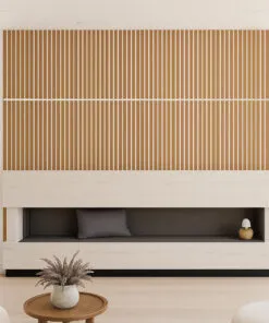 Modern living room with Slatwall White Natural Cork Wall Panels featuring warm vertical lines, beige sofa set, and built-in shelving with accent lighting — stylish and acoustic-friendly interior design.