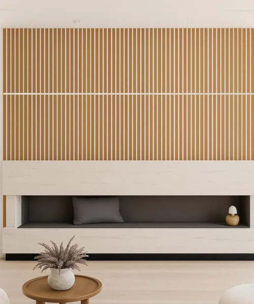 Modern living room with Slatwall White Natural Cork Wall Panels featuring warm vertical lines, beige sofa set, and built-in shelving with accent lighting — stylish and acoustic-friendly interior design.