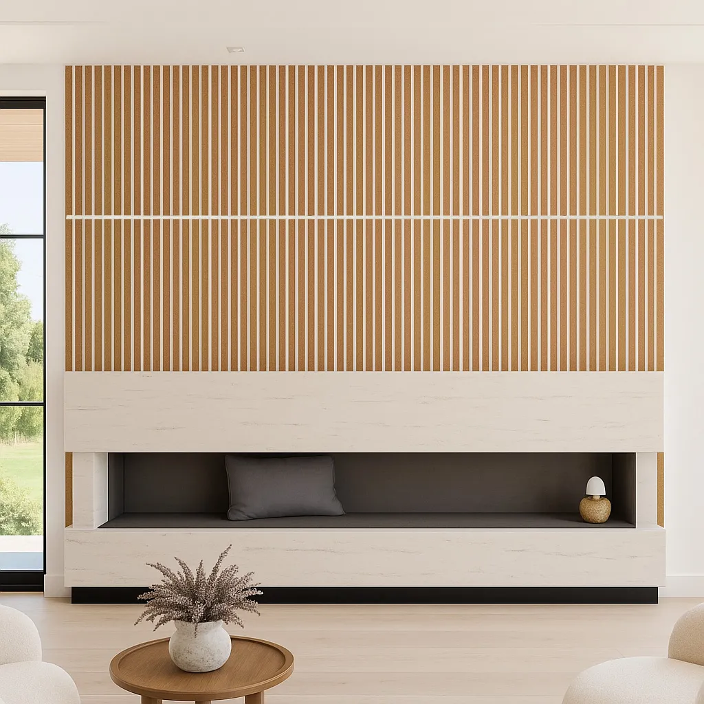 Modern living room with Slatwall White Natural Cork Wall Panels featuring warm vertical lines, beige sofa set, and built-in shelving with accent lighting — stylish and acoustic-friendly interior design.