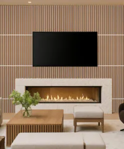 Luxury living room with fireplace surrounded by Slatwall White Natural Cork Wall Panels, creating a refined and cozy atmosphere with balanced lighting and modern furniture