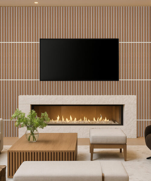Luxury living room with fireplace surrounded by Slatwall White Natural Cork Wall Panels, creating a refined and cozy atmosphere with balanced lighting and modern furniture