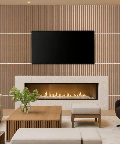 Luxury living room with fireplace surrounded by Slatwall White Natural Cork Wall Panels, creating a refined and cozy atmosphere with balanced lighting and modern furniture