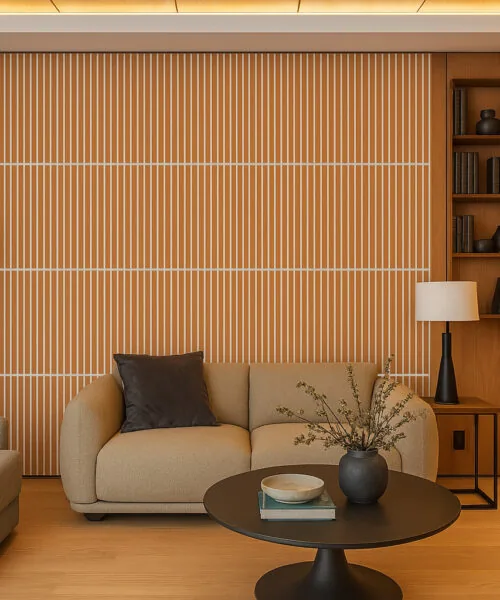 Luxury living room with fireplace surrounded by Slatwall White Natural Cork Wall Panels, creating a refined and cozy atmosphere with balanced lighting and modern furniture