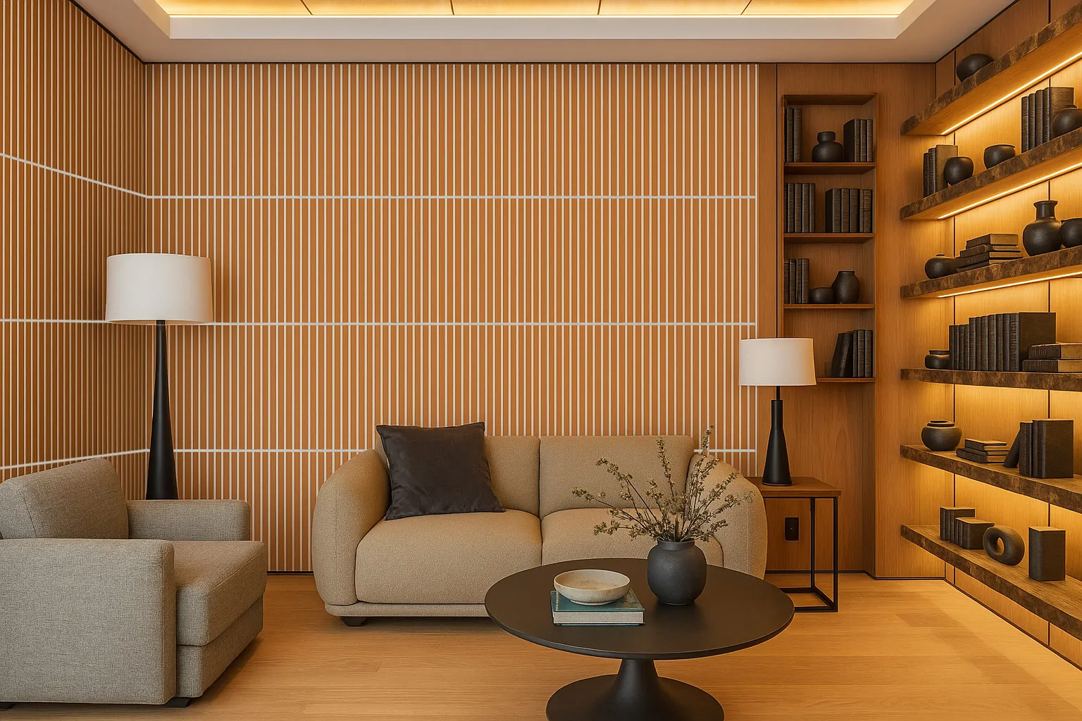 Luxury living room with fireplace surrounded by Slatwall White Natural Cork Wall Panels, creating a refined and cozy atmosphere with balanced lighting and modern furniture