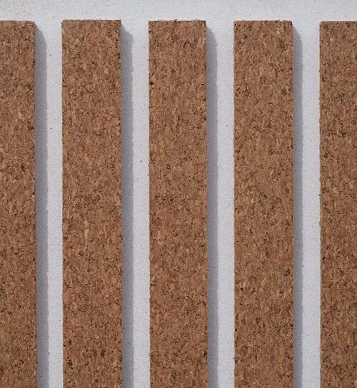 Decorative cork slat wall panels provide natural beauty, acoustic performance, and sustainable interior wall design.