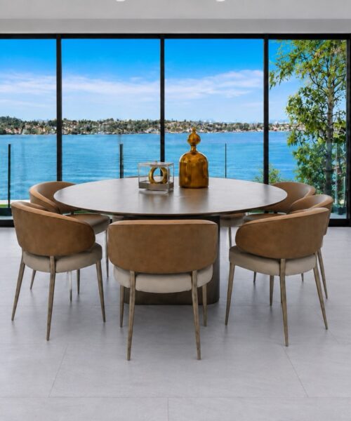 Snowstone light gray contemporary architectural flooring appears in a waterfront dining room with a round table and leather chairs.