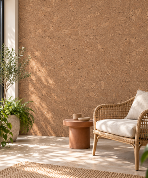 Solara glue-down cork tiles in a garden sunroom — wall application visualization
