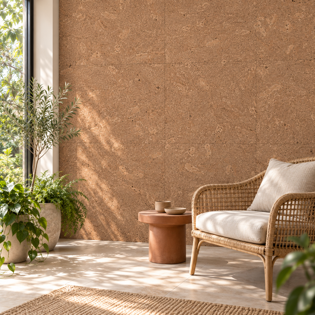Solara - 1/4" (6mm) - Solid Unfinished Cork Glue Down Tile (GSol6) Solara glue-down cork tiles in a garden sunroom — wall application visualization