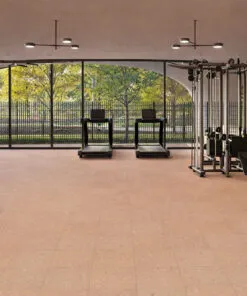 Solara solid massive glue down cork tiles creating a comfortable and quiet fitness space with natural cork flooring under exercise equipment.