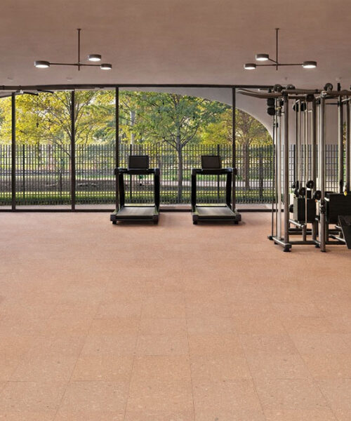 Solara solid massive glue down cork tiles creating a comfortable and quiet fitness space with natural cork flooring under exercise equipment.