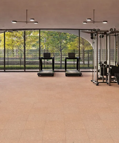 Solara solid massive glue down cork tiles creating a comfortable and quiet fitness space with natural cork flooring under exercise equipment.