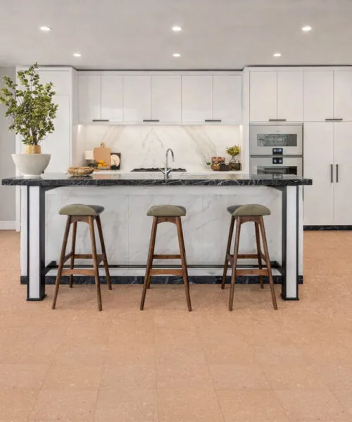 Solara solid massive glue down cork tiles adding warmth and natural texture to a modern kitchen floor.