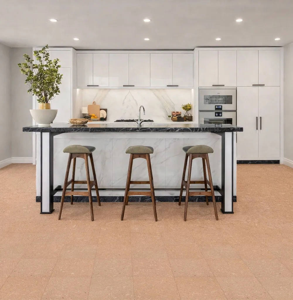 Solara solid massive glue down cork tiles adding warmth and natural texture to a modern kitchen floor.