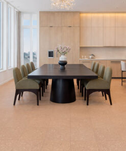 Solara solid massive glue down cork tiles enhancing an open dining space with soft, quiet, and sustainable cork flooring