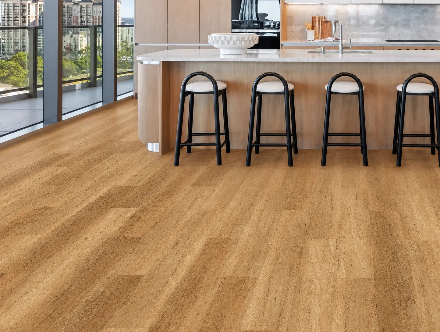 Spanish Cedar - 13/32" (10.5mm) - Design Cork Floating (FSC10.5) Spanish Cedar golden-brown cork flooring surrounding a large island in a contemporary kitchen.