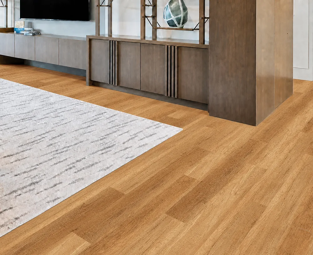 Spanish Cedar - 13/32" (10.5mm) - Design Cork Floating (FSC10.5) Spanish Cedar medium-brown cork plank flooring with a linear grain pattern in a modern living room.