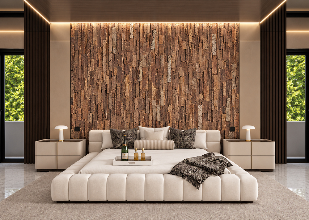 Stacked Stone - 55/64" (22mm) - Acoustic Cork Wall Tile (WSkSt22) Natural cork wall panels in warm brown tones feature a raised vertical stone pattern behind a modern upholstered bed.