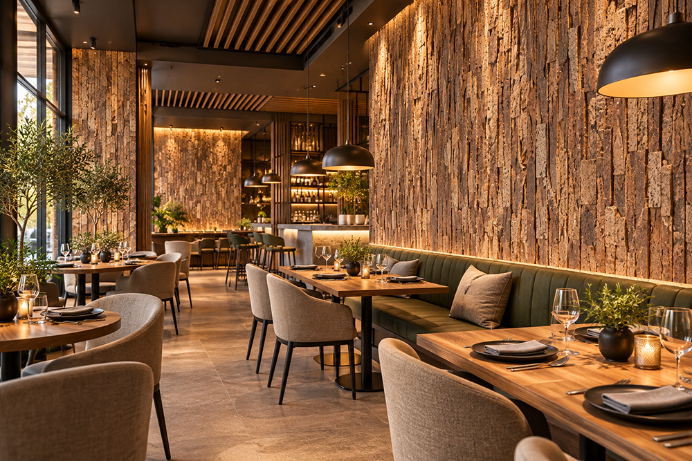 Stacked Stone - 55/64" (22mm) - Acoustic Cork Wall Tile (WSkSt22) Eco-friendly 3D cork wall panels with rustic brown textures and vertical tile arrangement complement a warmly lit restaurant dining area.