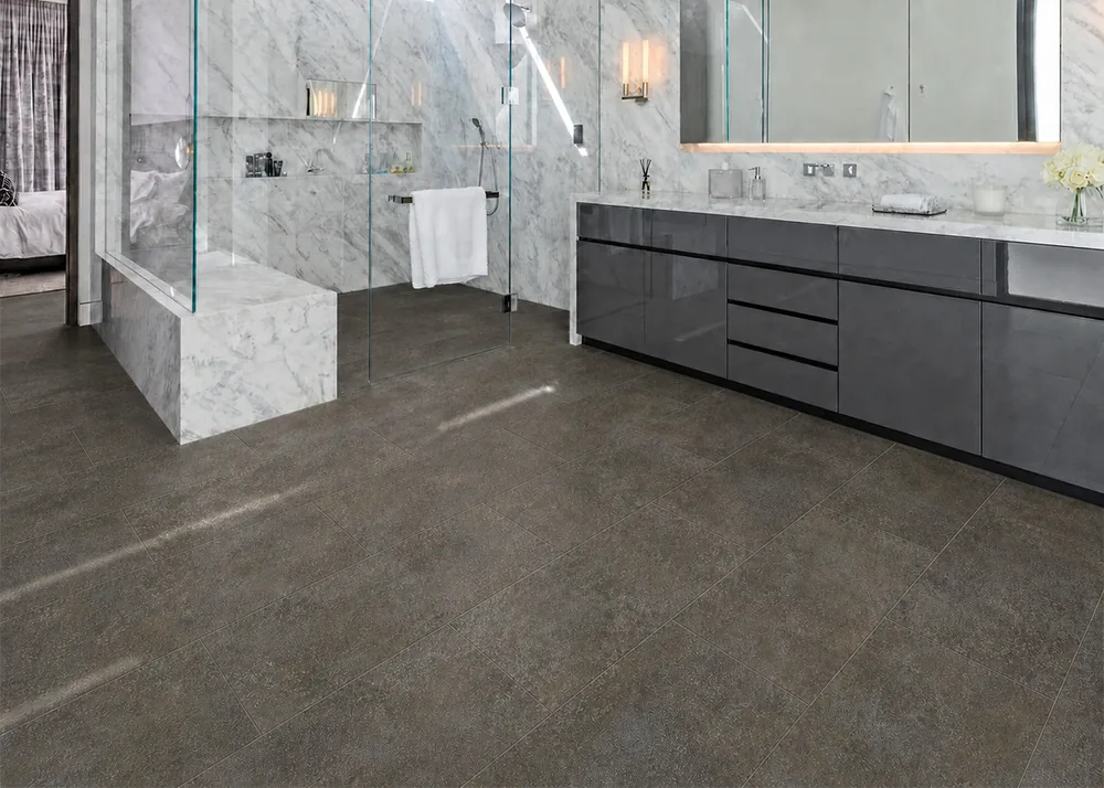 Sunlit Stone - 19/64" (7.5mm) - Swiss Techslate (MSunSt7.5) Luxury marble bathroom with waterproof Sunlit Stone brown-gray Techslate flooring and walk-in shower.