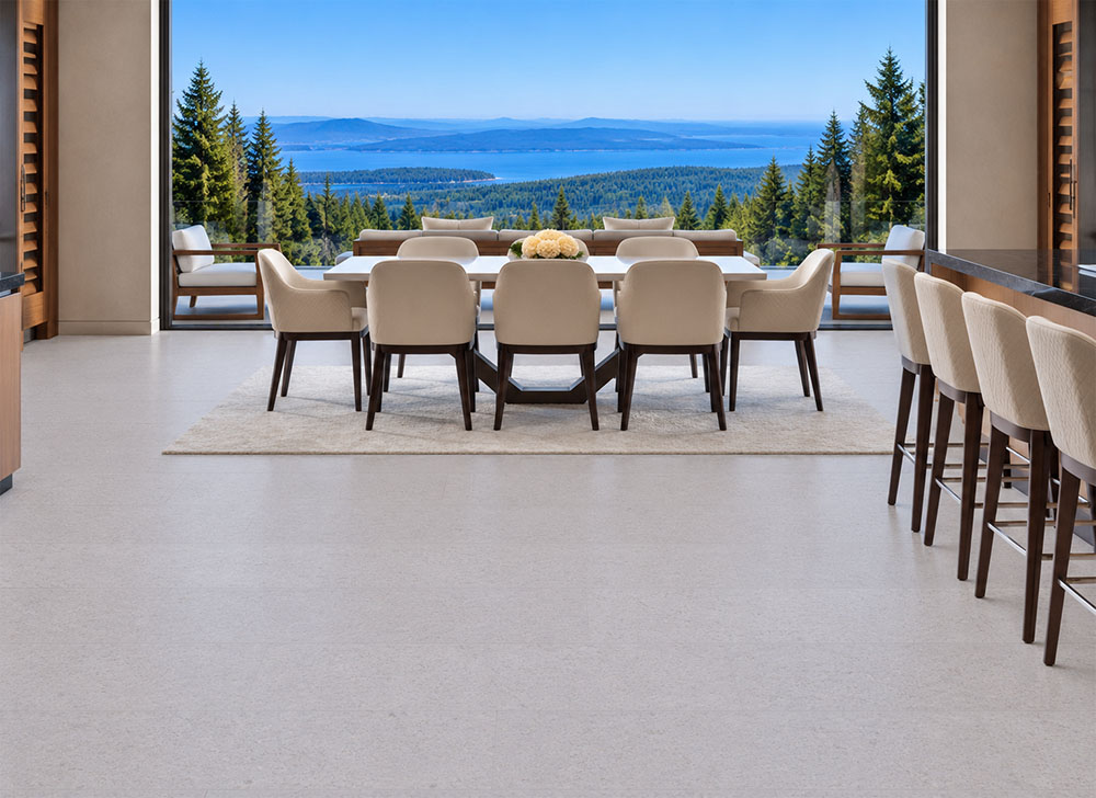 Sustainazzo - 25/64" (10mm) - Cork Floating (FSus10) Sustainazzo light gray floating cork flooring frames a mountain lake-view dining room with upholstered seating.
