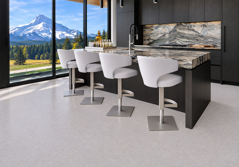 Sustainazzo - 25/64" (10mm) - Cork Floating (FSus10) Sustainazzo speckled floating cork flooring brightens a mountain-view kitchen with dark cabinetry and dramatic marble surfaces.