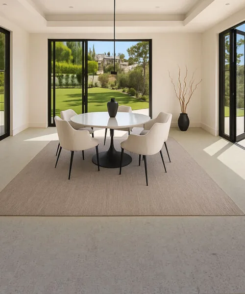 Light gray Swiss cork floating flooring in modern dining room with round table, soft chairs, and large glass doors