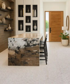 Light gray modular cork flooring in modern kitchen with marble island, wood accents, and minimalist décor