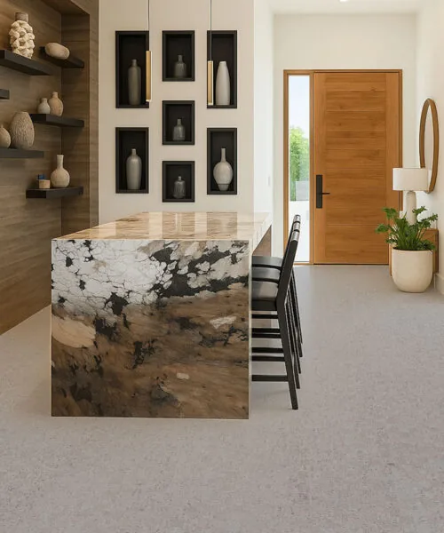 Light gray modular cork flooring in modern kitchen with marble island, wood accents, and minimalist décor