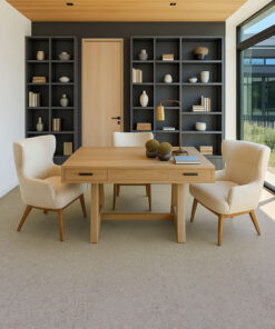 Modern home office with wood desk and shelving on light gray cork flooring, clean minimalist design