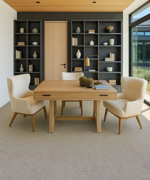 Modern home office with wood desk and shelving on light gray cork flooring, clean minimalist design