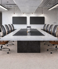 Modern boardroom with long table and chairs on light gray cork flooring, commercial office interior de