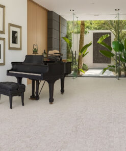 Elegant piano room with grand piano on light gray cork flooring, indoor-outdoor modern living space
