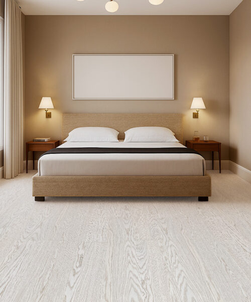 Warm neutral bedroom with Swiss Snow Cap real wood floating flooring, beige bed frame, soft lighting, and large windows.