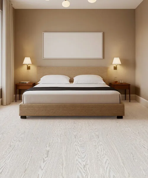 Warm neutral bedroom with Swiss Snow Cap real wood floating flooring, beige bed frame, soft lighting, and large windows.