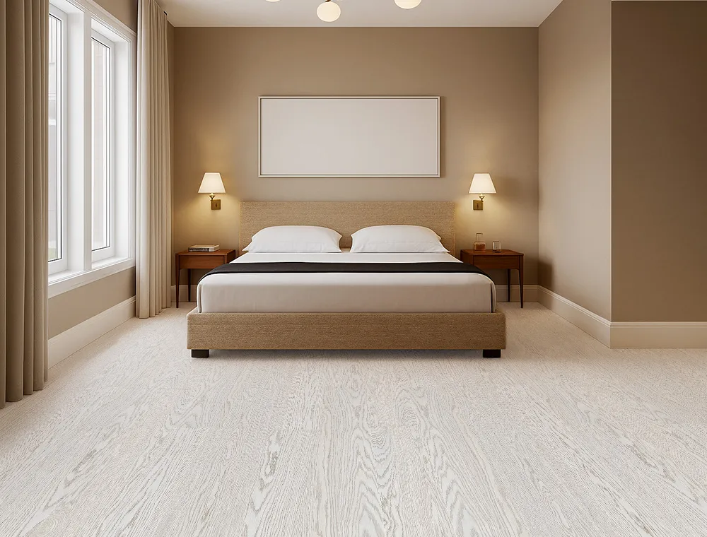 Warm neutral bedroom with Swiss Snow Cap real wood floating flooring, beige bed frame, soft lighting, and large windows.