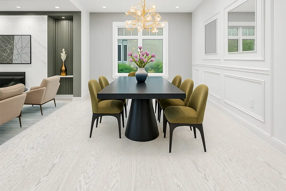 Snow Cap - 3/8" (9.70mm) - Swiss Real Wood Cork Floating (FCap9.7) Modern dining room with Swiss Snow Cap real wood floating flooring, featuring a black pedestal table and olive-green chairs in a bright, elegant space.
