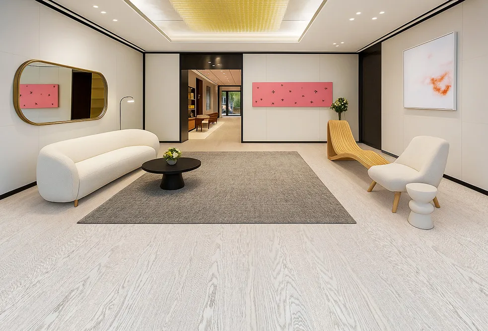 Snow Cap - 3/8" (9.70mm) - Swiss Real Wood Cork Floating (FCap9.7) Luxury lobby-style living room showcasing Swiss Snow Cap real wood floating flooring, modern cream sofa, sculptural lounge chair, and minimalist décor.