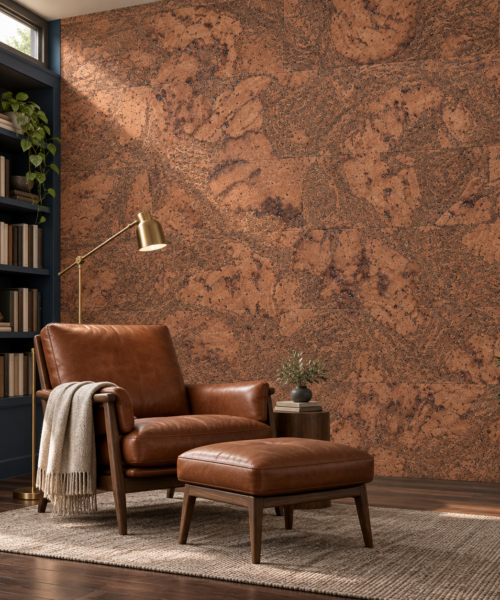 Tasmanian Burl - 1/4" (6mm) - Cork Glue Down Tile (GTBu6) Tasmanian Burl glue-down cork tiles in a home library — wall application visualization