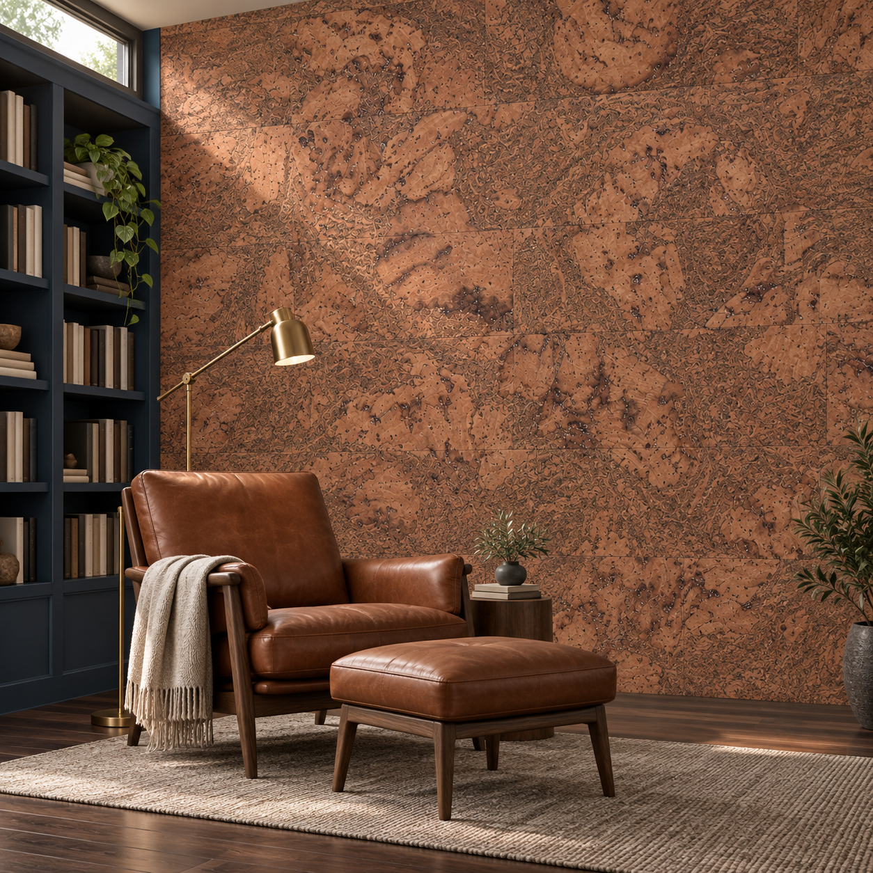 Tasmanian Burl - 1/4" (6mm) - Cork Glue Down Tile (GTBu6) Tasmanian Burl glue-down cork tiles in a home library — wall application visualization