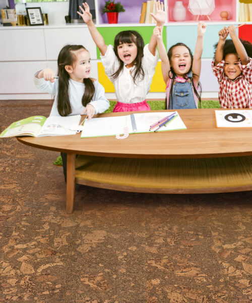 Tasmanian Burl - 1/4" (6mm) - Cork Glue Down Tile (GTBu6) tasmanian burl cork flooring at daycare center happy children play on