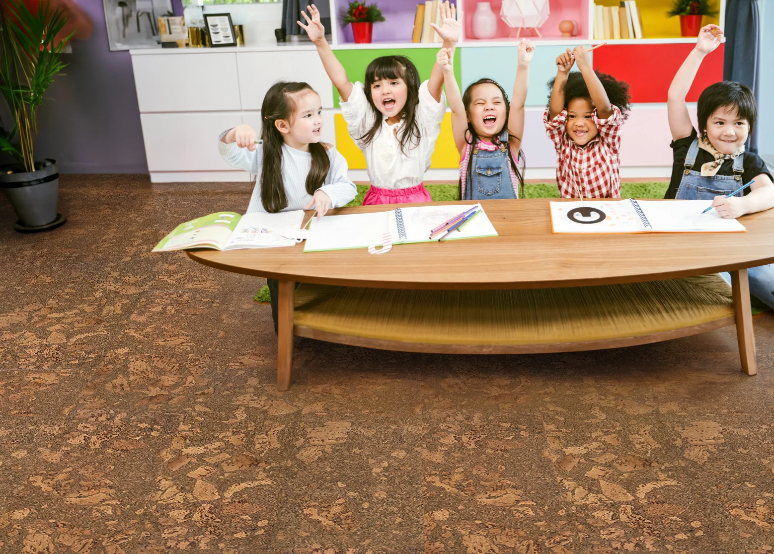 Tasmanian Burl - 1/4" (6mm) - Cork Glue Down Tile (GTBu6) tasmanian burl cork flooring at daycare center happy children play on