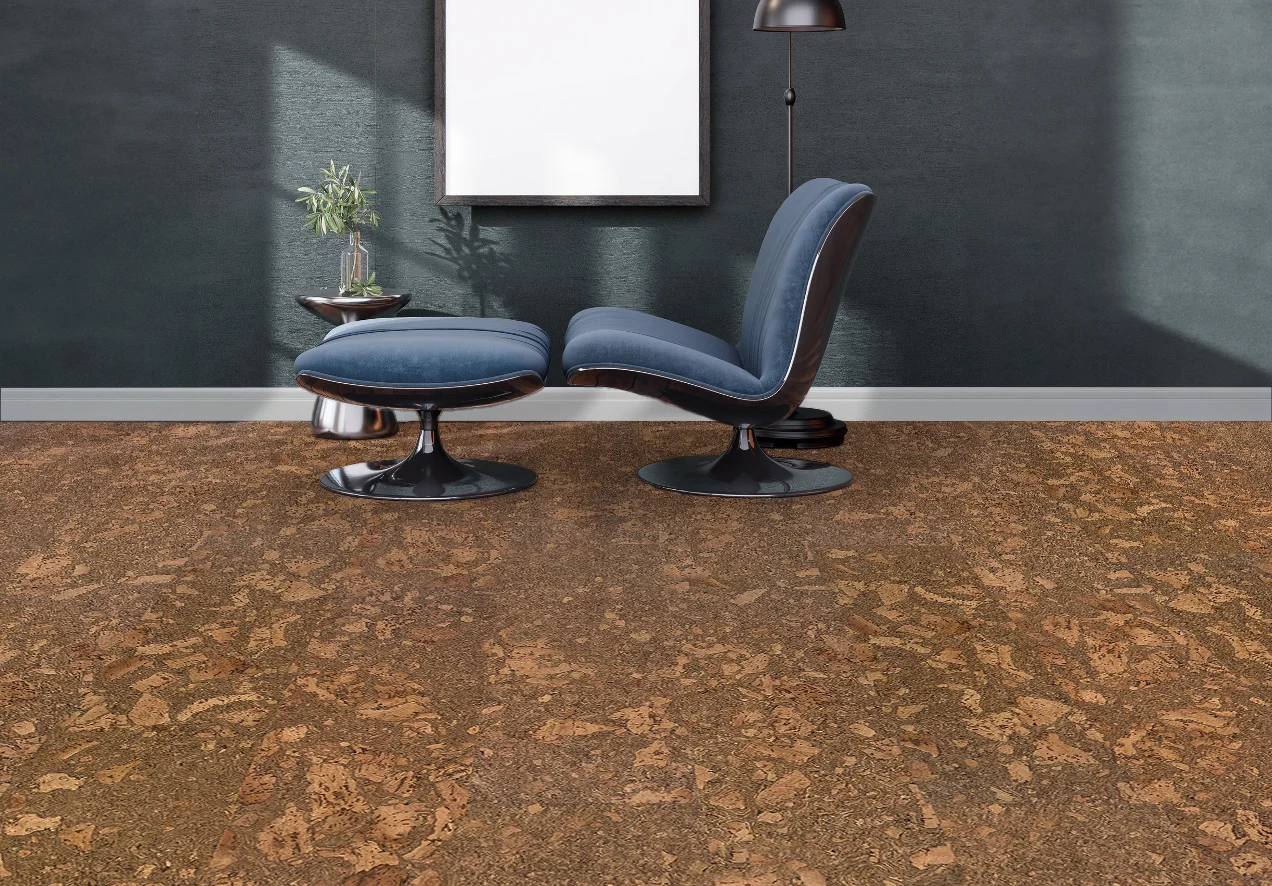 Tasmanian Burl - 1/4" (6mm) - Cork Glue Down Tile (GTBu6) tasmanian burl cork flooring in a home office create a comfortable and eco-friendly workspace