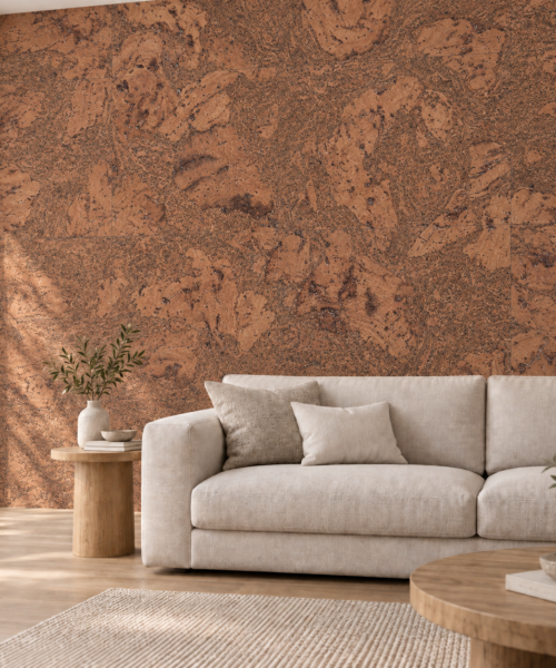 Tasmanian Burl - 1/4" (6mm) - Cork Glue Down Tile (GTBu6) Tasmanian Burl glue-down cork tiles on a living room accent wall — visualization