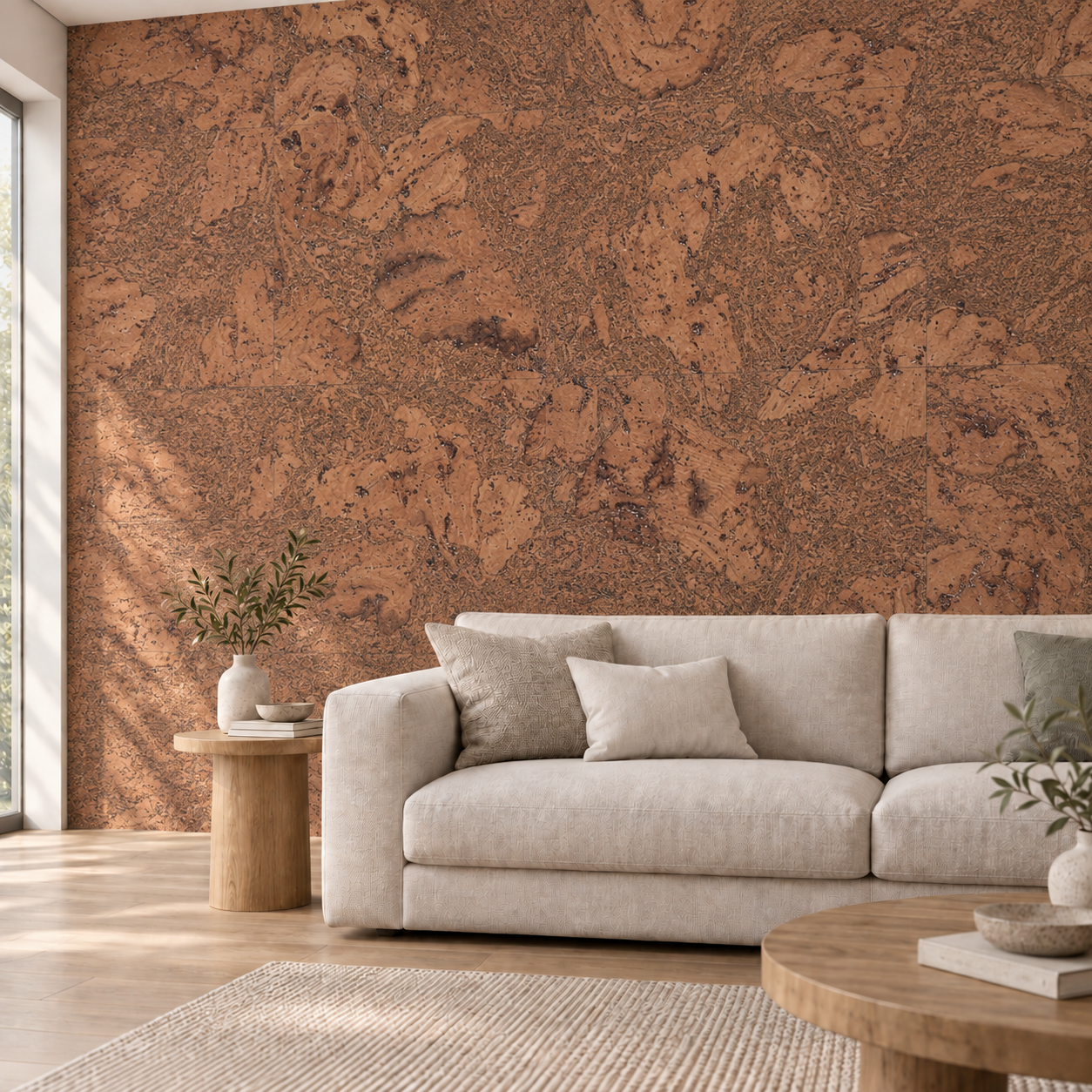 Tasmanian Burl - 1/4" (6mm) - Cork Glue Down Tile (GTBu6) Tasmanian Burl glue-down cork tiles on a living room accent wall — visualization