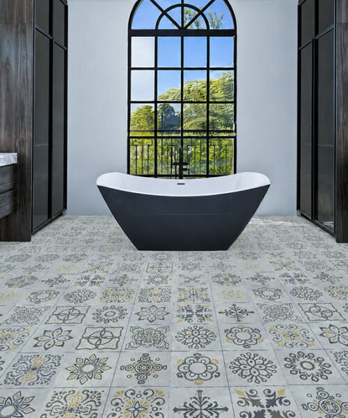 Classic Porcelain - 19/64" (7.5mm) - Swiss Techslate (MCPor7.5) Classic Porcelain Swiss TechSlate light gray mineral-based flooring with floral medallion patterns in a contemporary restaurant dining and bar area.